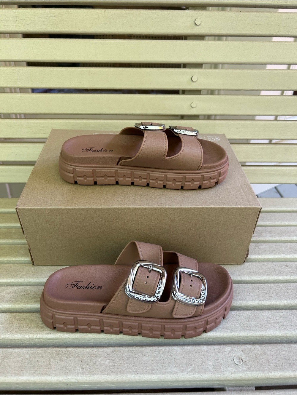 Fashion Nova Chunky Double-Buckle Slide Sandals In Taupe
